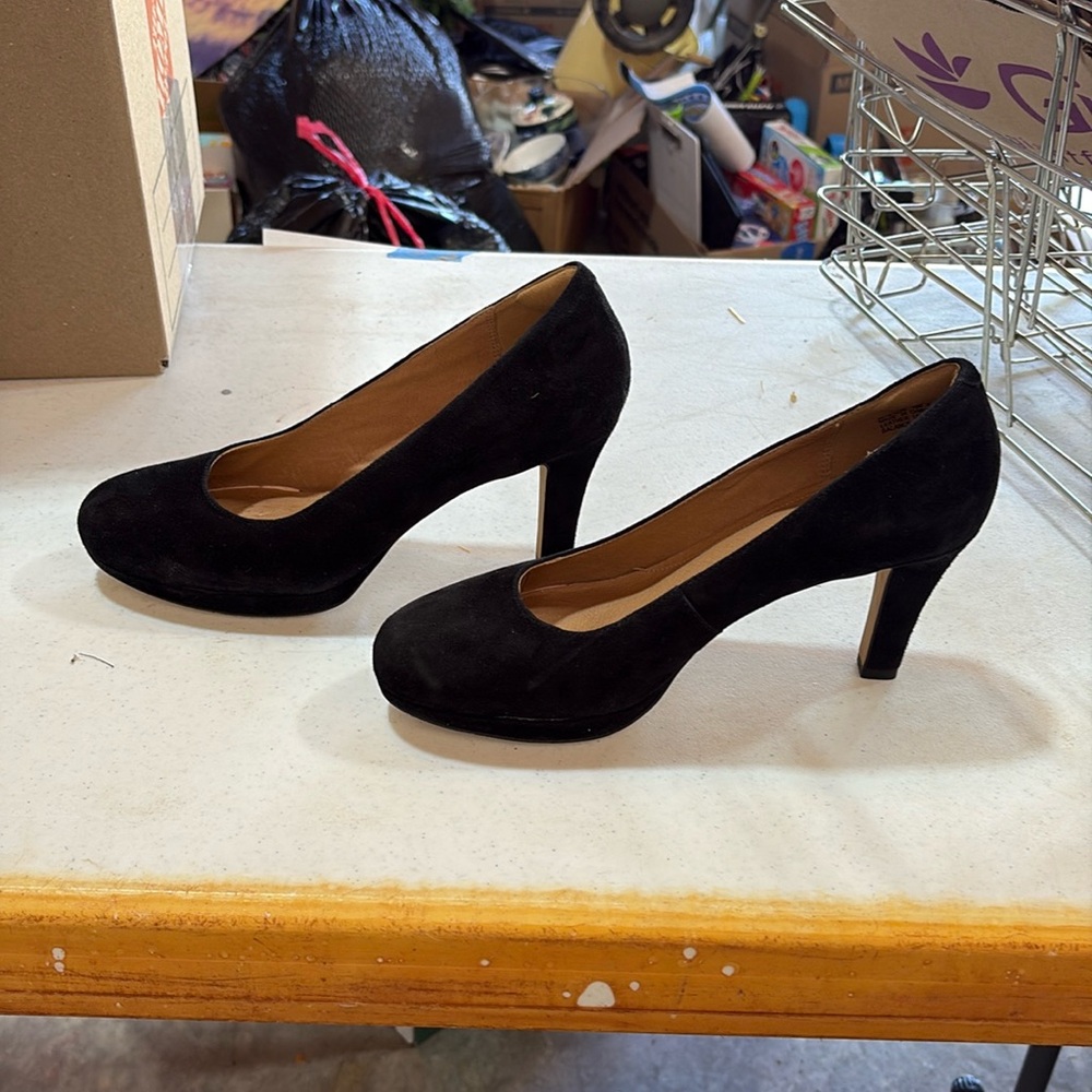 Clark’s black suede heels